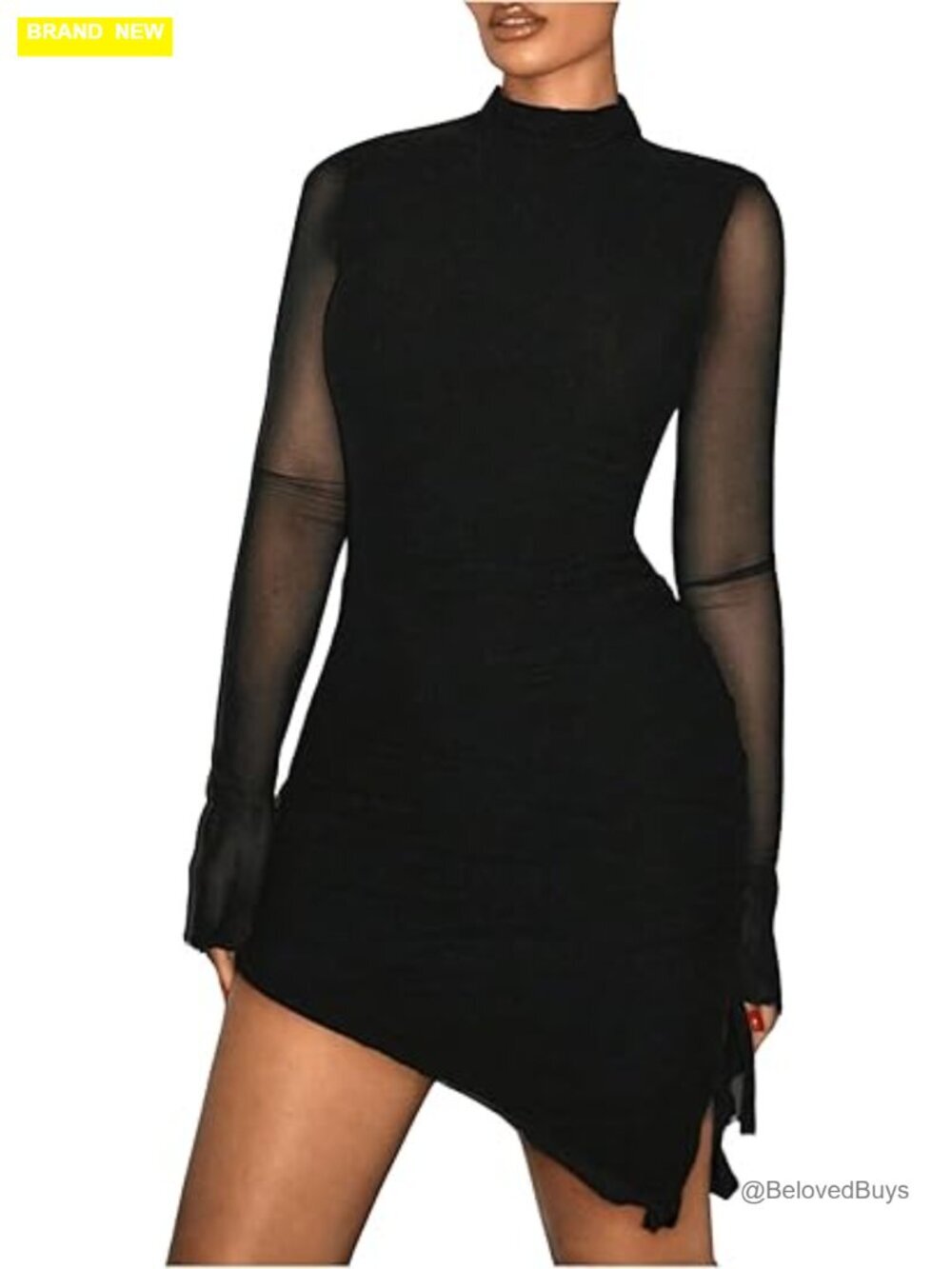 Mock Neck Ruched Drawstring Slit Long Sleeve Mesh Bodycon Mini Dress